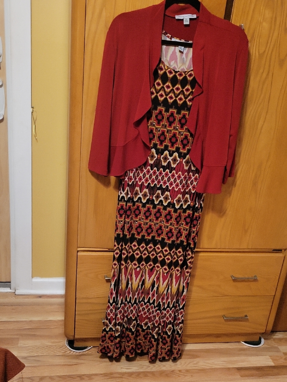 Danny & Nicole Brick-red Open-Front Jacket w/ Printed Maxi Dress Sz. 14.